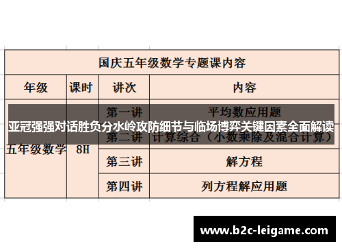 亚冠强强对话胜负分水岭攻防细节与临场博弈关键因素全面解读