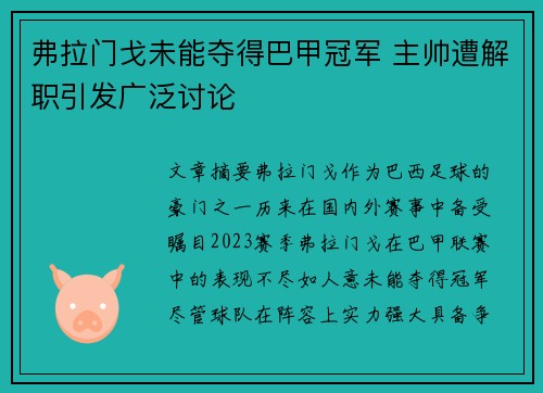 弗拉门戈未能夺得巴甲冠军 主帅遭解职引发广泛讨论 弗拉门戈未能夺得巴甲冠军 主帅遭解职引发广泛讨论