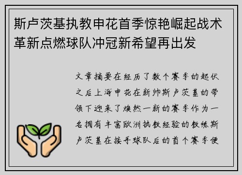 斯卢茨基执教申花首季惊艳崛起战术革新点燃球队冲冠新希望再出发